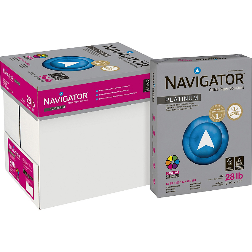 Navigator Platinum Office Multipurpose Paper 99 Brightness - Letter - 8 1/2" x 11" - 28 lb Basis Weight - Smooth - Jam-free - Bright White - 500 Sheets per Ream - 5 / Carton (NPL1128)