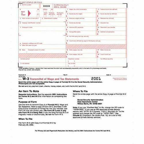 TOPS Continuous W-3 Transmittal of Wage Form 2 Part - Carbon Copy - 9.50" x 11" Sheet Size - White Sheet(s) - 10 / Pack (2203)