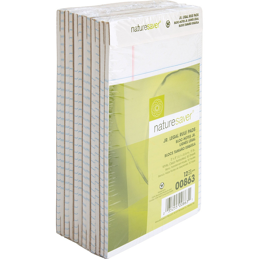 Nature Saver 100% Recycled White Jr. Rule Legal Pads - Jr.Legal 50 Sheets - 0.28" Ruled - 15 lb Basis Weight - Jr.Legal - 5" x 8" Sheet Size - White Paper - Perforated, Back Board - Recycled - 1 Dozen (00863)