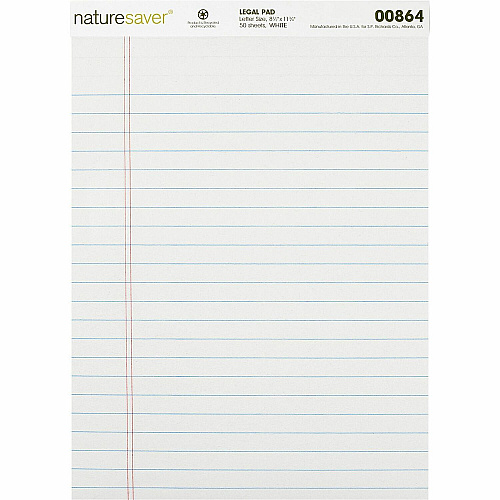 Nature Saver Recycled Legal Ruled Pads 50 Sheets - 0.34" Ruled - 15 lb Basis Weight - 8 1/2" x 11 3/4" - White Paper - Perforated, Stiff-back, Easy Tear, Back Board - Recycled - 1 / Dozen (00864)