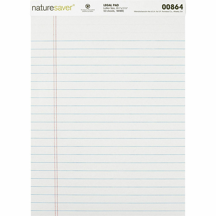 Nature Saver Recycled Legal Ruled Pads 50 Sheets - 0.34" Ruled - 15 lb Basis Weight - 8 1/2" x 11 3/4" - White Paper - Perforated, Stiff-back, Easy Tear, Back Board - Recycled - 1 / Dozen (00864)