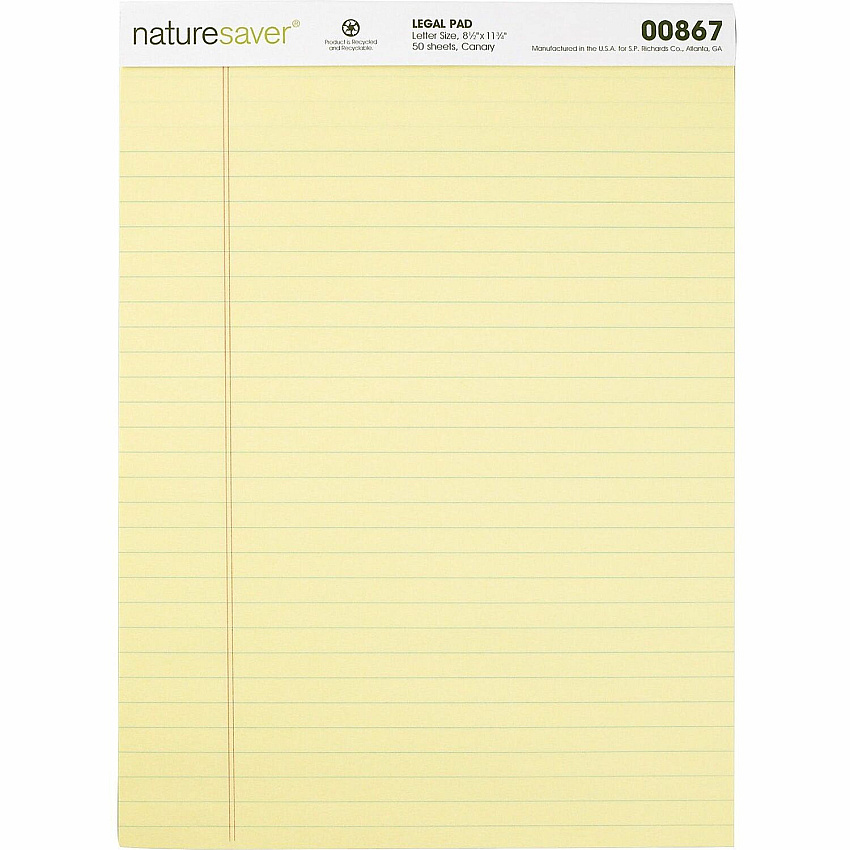Nature Saver 100% Recycled Canary Legal Ruled Pads 50 Sheets - 0.34" Ruled - 15 lb Basis Weight - 8 1/2" x 11 3/4" - Canary Paper - Perforated, Stiff-back, Back Board, Easy Tear - Recycled - 1 Dozen (00867)