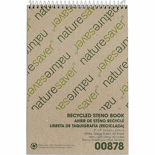 Nature Saver Recycled Steno Book 60 Sheets - Spiral - 6" x 9" Sheet Size - White Paper - Chipboard Cover - Back Board - Recycled - 1 Each (00878)