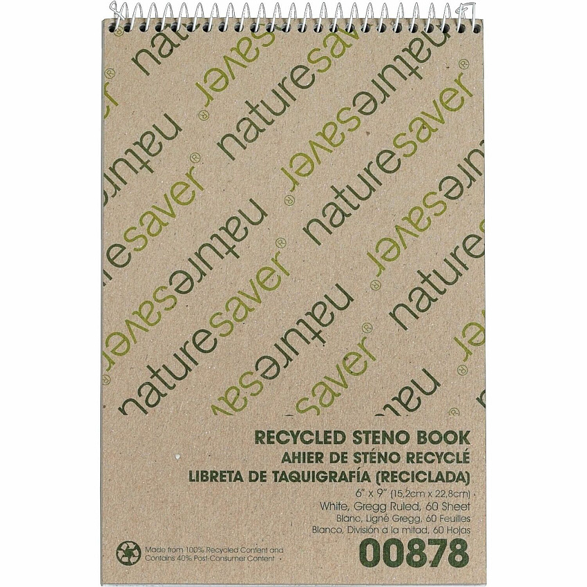 Nature Saver Recycled Steno Book 60 Sheets - Spiral - 6" x 9" Sheet Size - White Paper - Chipboard Cover - Back Board - Recycled - 1 Each (00878)