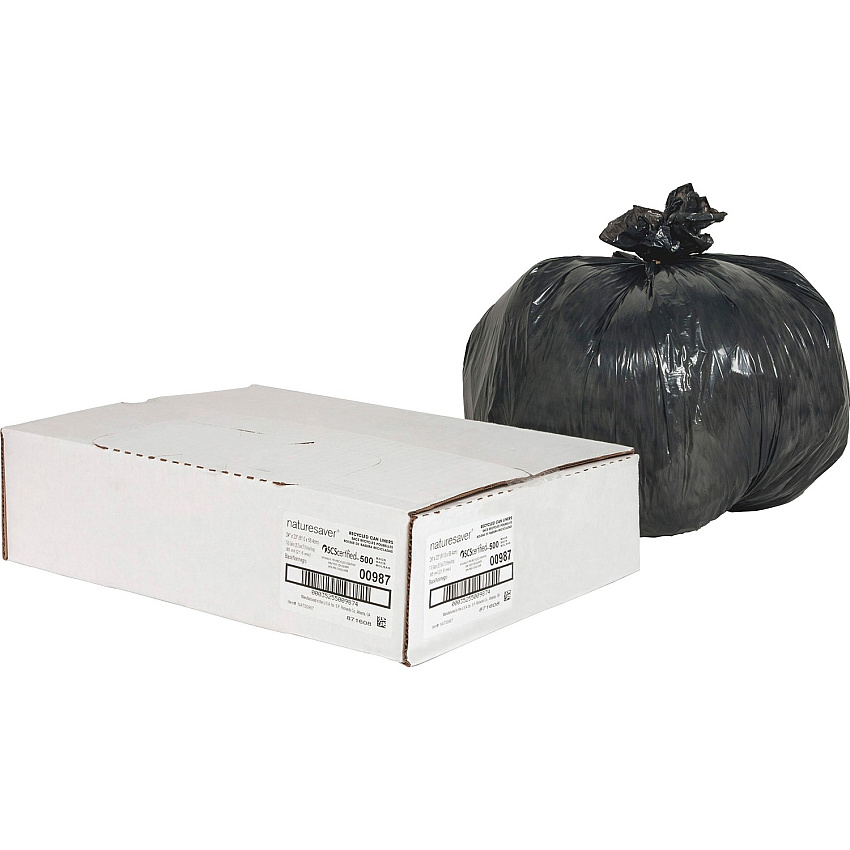 Nature Saver Black Low-density Recycled Can Liners Small Size - 10 gal Capacity - 23" Length x 24" Width x 0.85 mil (22 Micron) Thickness - Low Density - Black - Plastic - Cleaning Supplies - Recycled - 500 / Carton (00987)