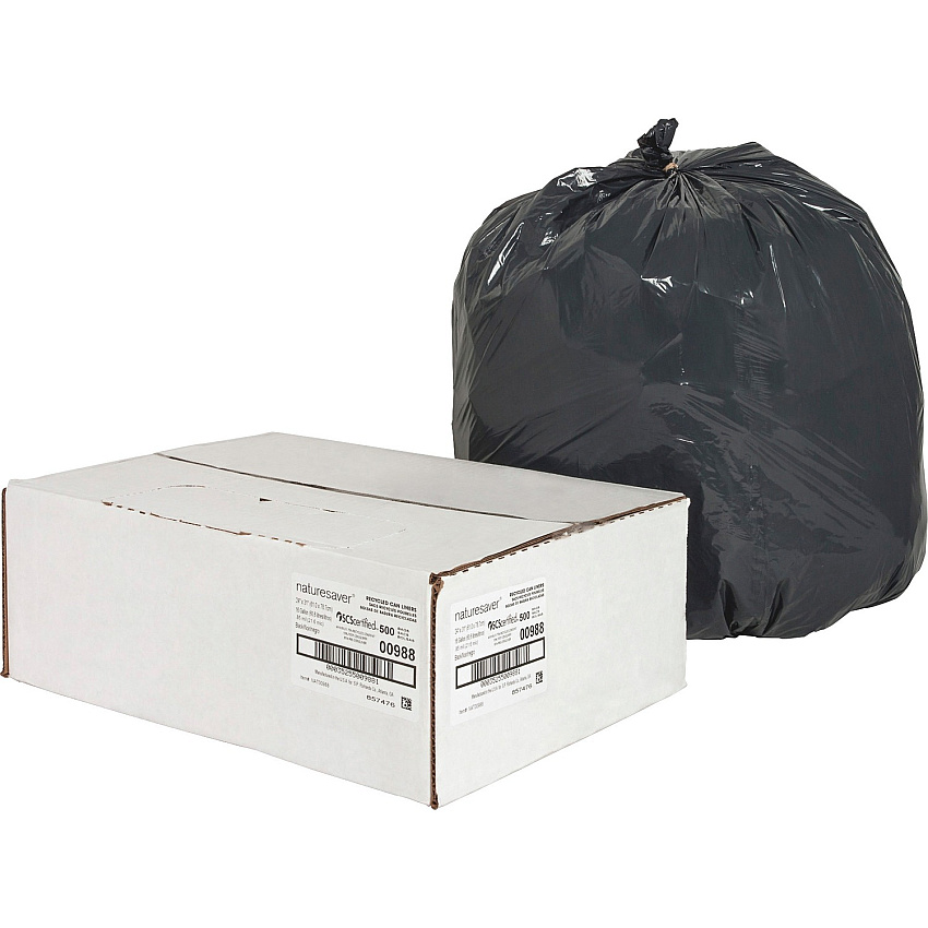 Nature Saver Black Low-density Recycled Can Liners Small Size - 16 gal Capacity - 33" Length x 24" Width x 0.85 mil (22 Micron) Thickness - Low Density - Black - Plastic - Cleaning Supplies - Recycled - 500 / Carton (00988)