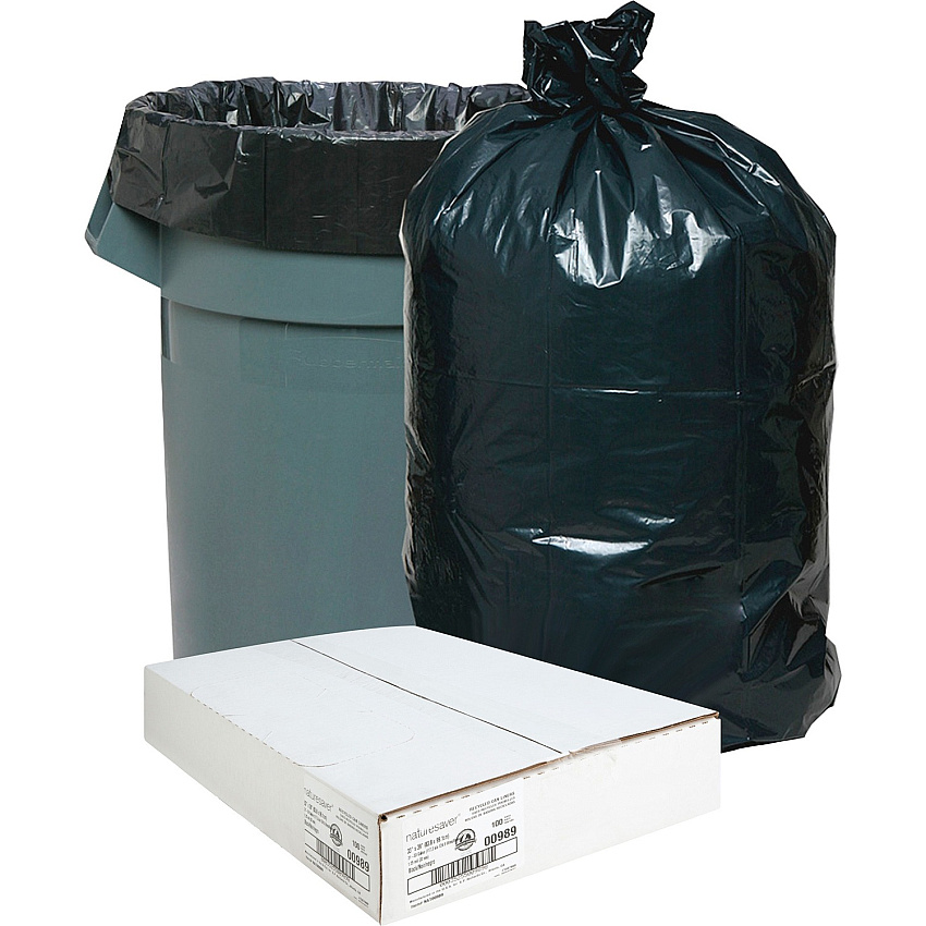 Nature Saver Black Low-density Recycled Can Liners Medium Size - 33 gal Capacity - 39" Length x 33" Width x 1.25 mil (32 Micron) Thickness - Low Density - Black - Plastic - Cleaning Supplies - Recycled - 100 / Carton (00989)