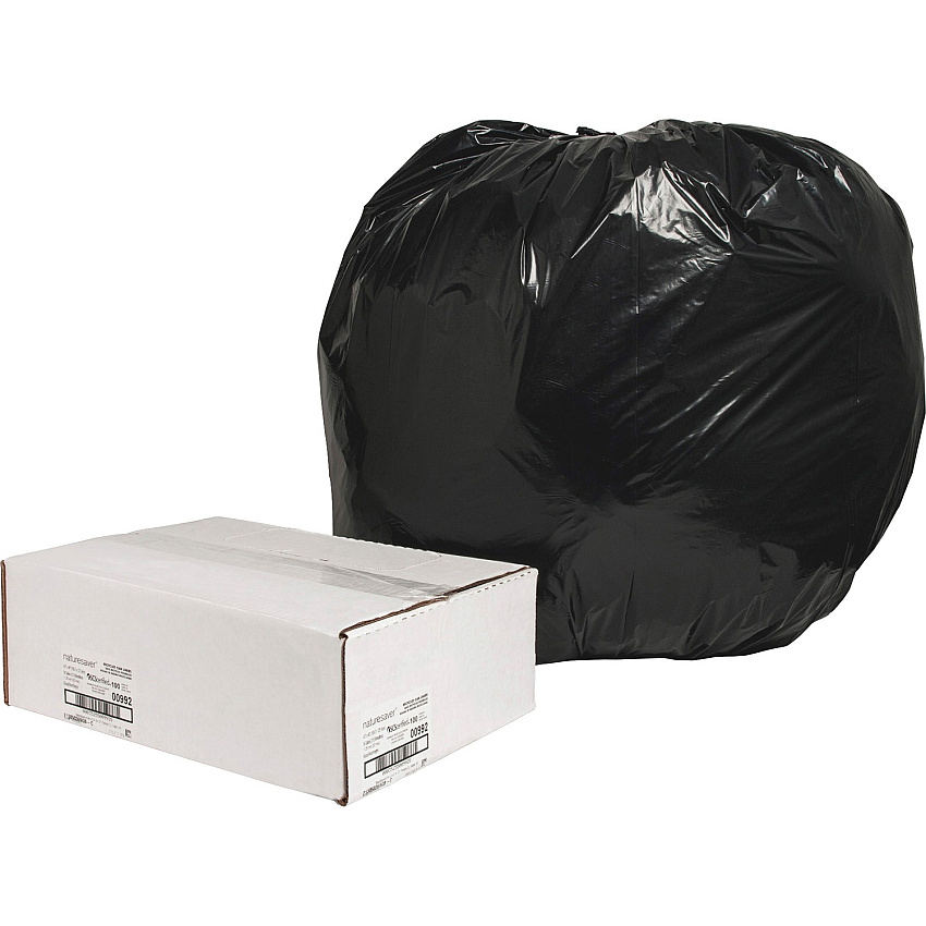 Nature Saver Black Low-density Recycled Can Liners Extra Large Size - 56 gal Capacity - 48" Length x 43" Width x 1.25 mil (32 Micron) Thickness - Low Density - Black - Plastic - Cleaning Supplies - Recycled - 100 / Carton (00992)