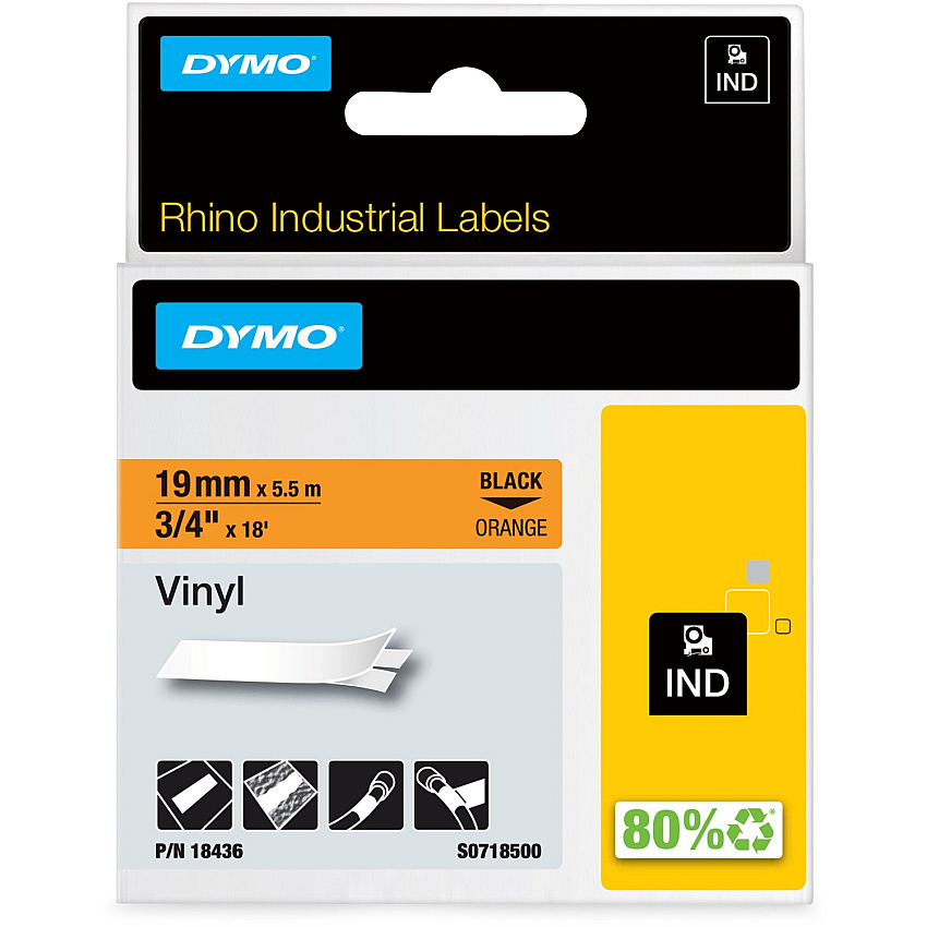 Dymo Colored Industrial Rhino Vinyl Labels 3/4" Length - Black - Vinyl - 1 Each (18436)