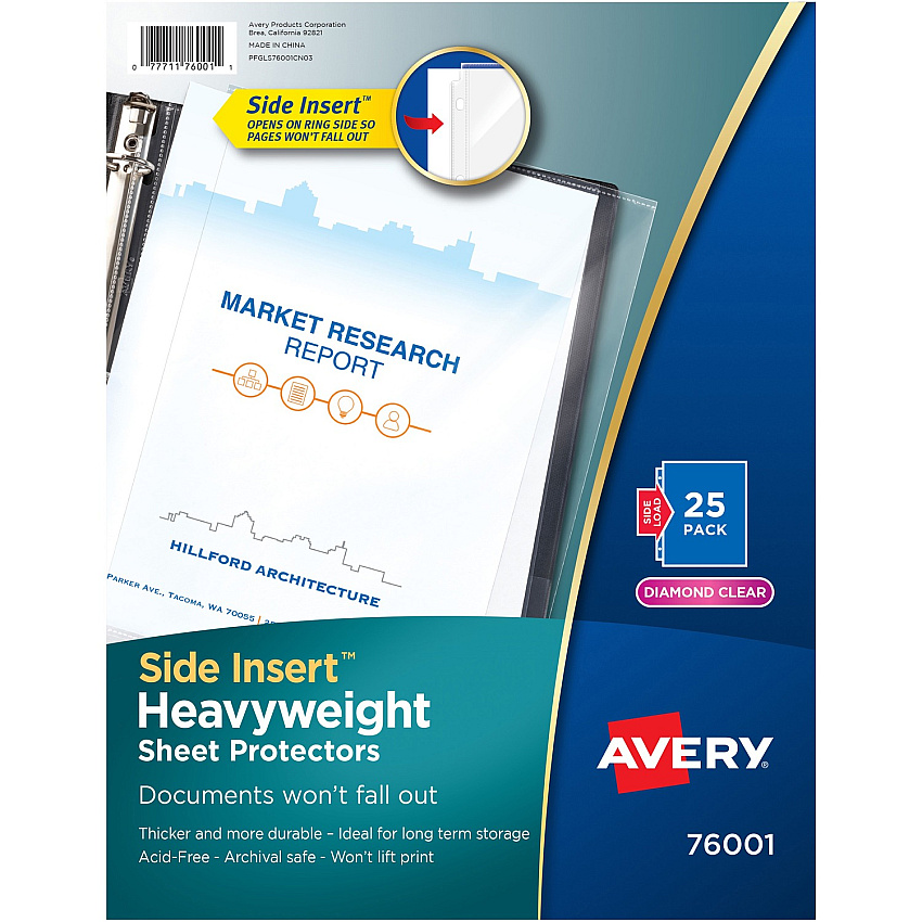 Avery&reg; Side Insert Sheet Protectors For Letter 8 1/2" x 11" Sheet - 3 x Holes - Ring Binder - Side Loading - Clear, Diamond Clear - Polypropylene - 25 / Pack (76001)