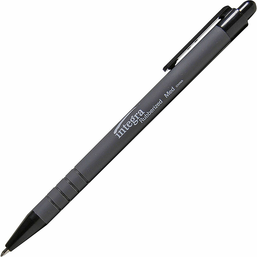 Integra Rubber Barrel Retractable Ballpoint Pens 1 mm Medium Pen Point - Retractable - Black Ink - Rubber Barrel - 1 Dozen (30031)
