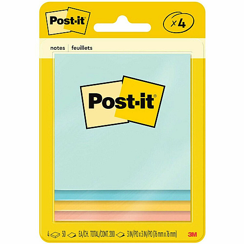 Post-it&reg; Notes Original Notepads -Beachside Caf&eacute; Color Collection 200 - 3" Flag/Note Width x 3" Flag/Note Length - Square - 50 Sheets per Pad - Unruled - Fresh Mint, Aqua Splash, Sunnyside, Papaya Fizz - Paper - Self-adhesive - 4 / Pack (5401)