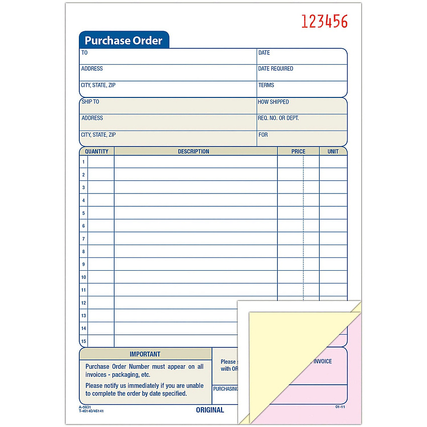 Adams 3-Part Carbonless Purchase Order Forms 3 Part - Carbonless Copy - 5.56" x 8.43" Sheet Size - 1 Each (TC5831)