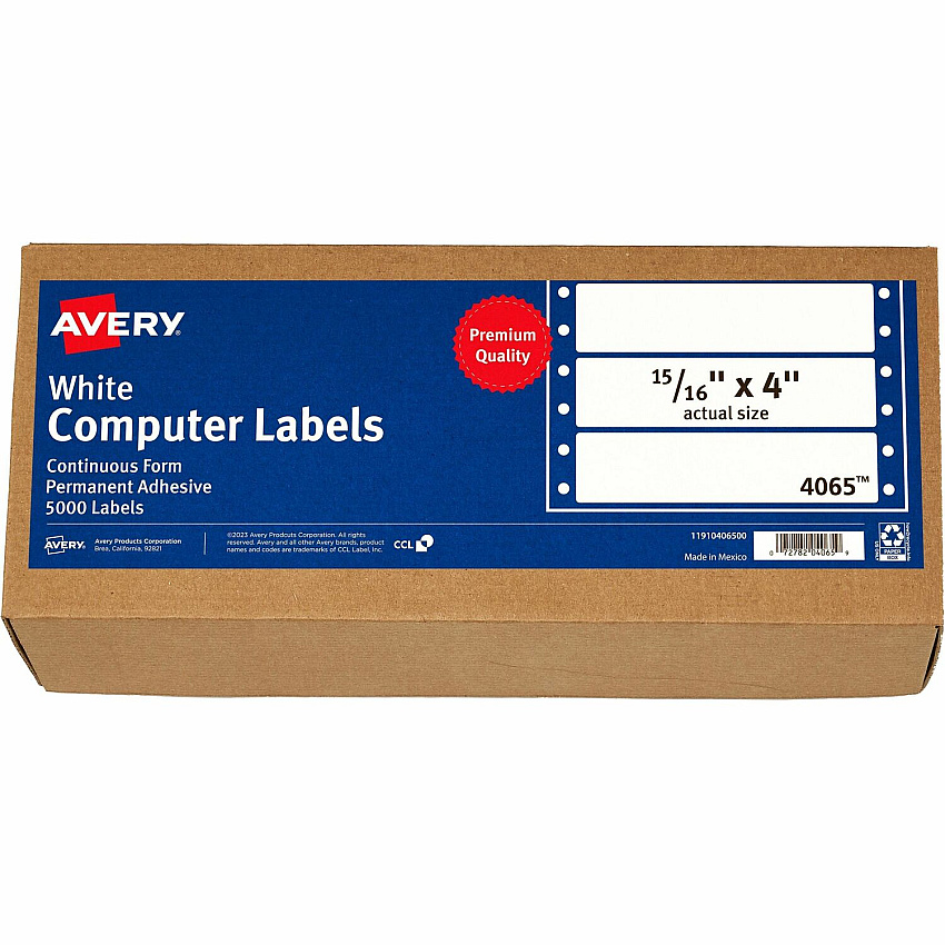 Avery&reg; Continuous Form Computer Labels, Permanent Adhesive, 4" x 15/16" , 5,000 Labels (04065)