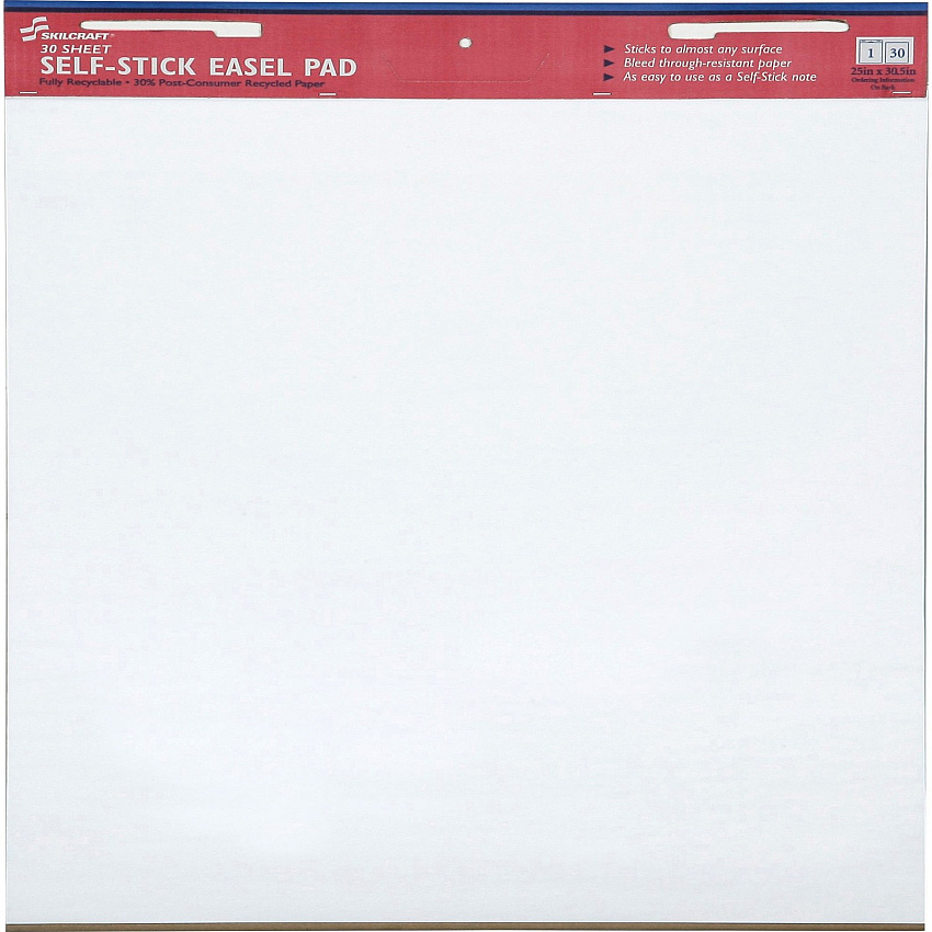 AbilityOne SKILCRAFT Self-Stick Easel Pad 30 Sheets - Plain - 18.50 lb Basis Weight - 25" x 30" - White Paper - Self-adhesive, Lightweight, Repositionable, Removable - 2 / Pack (3930104)