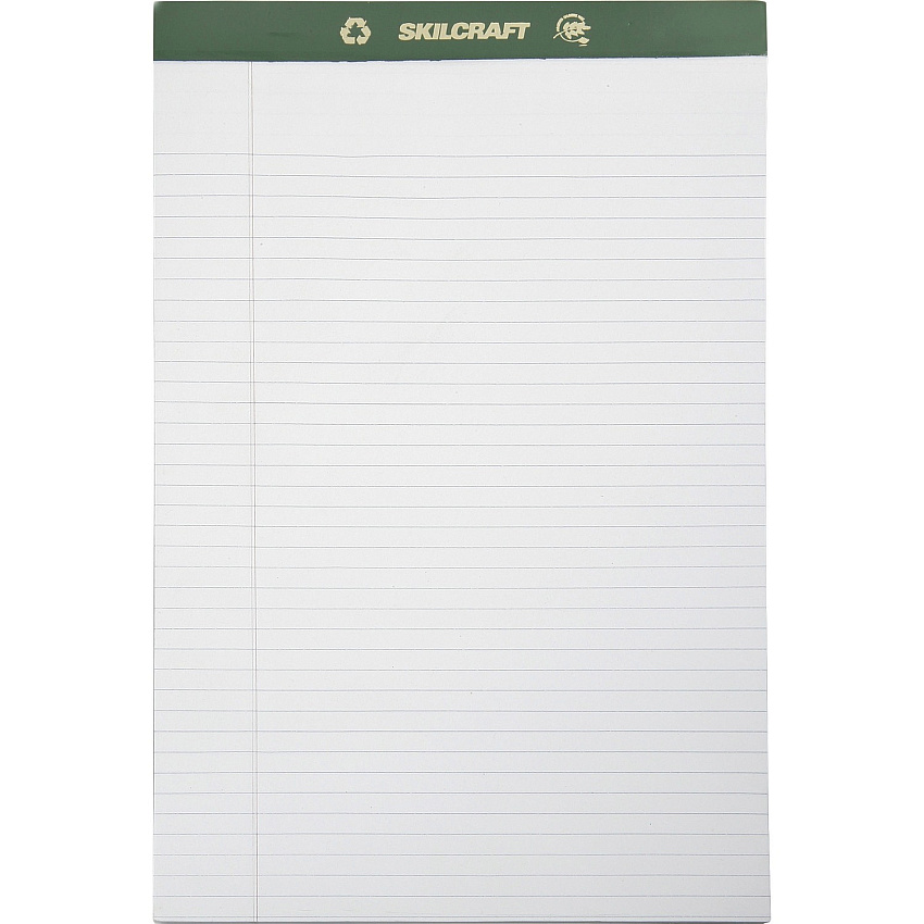 AbilityOne SKILCRAFT Perforated Chlorine Free Writing Pad 50 Sheets - Tape Bound - 0.31" Ruled - 20 lb Basis Weight - 8 1/2" x 14" - White Paper - Green Binder - Back Board, Perforated, Leatherette Head Strip, Chlorine-free - Recy (5169626)