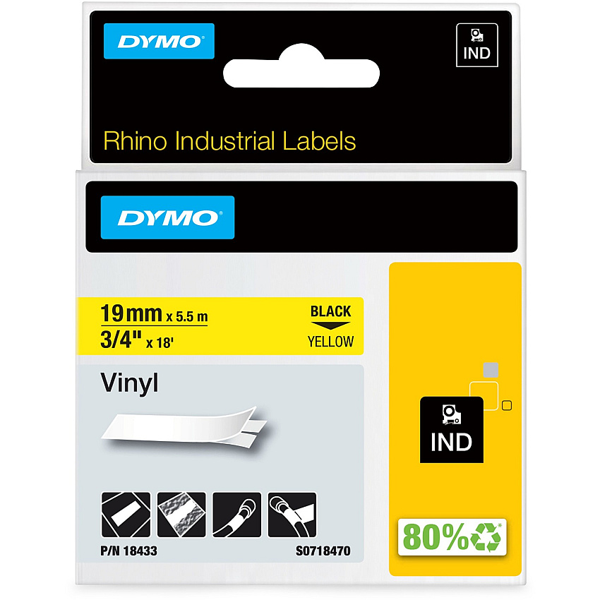Dymo Colored Industrial Rhino Vinyl Labels 3/4" Width - Rectangle - Black, Yellow - Vinyl - Water Resistant - Abrasion Resistant, Temperature Resistant, Chemical Resistant, Solvent Resistant, Self-adhesive, Durable - 1 Each (18433)