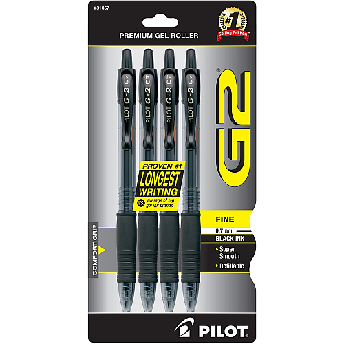 Pilot G2 Premium Gel Roller Pens 0.7 mm Fine Pen Point - Refillable - Retractable - Black Ink - Gel-based - 4 / Pack (31057)