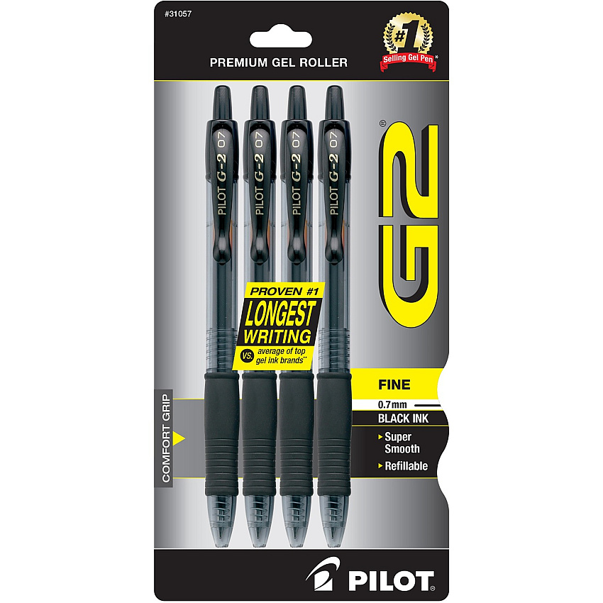Pilot G2 Premium Gel Roller Pens 0.7 mm Fine Pen Point - Refillable - Retractable - Black Ink - Gel-based - 4 / Pack (31057)