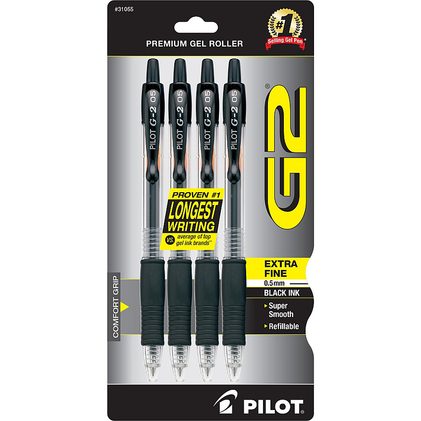 Pilot G2 Premium Gel Roller Pens 0.5 mm Pen Point - Refillable - Retractable - Black Ink - Gel-based - 4 / Pack (31055)