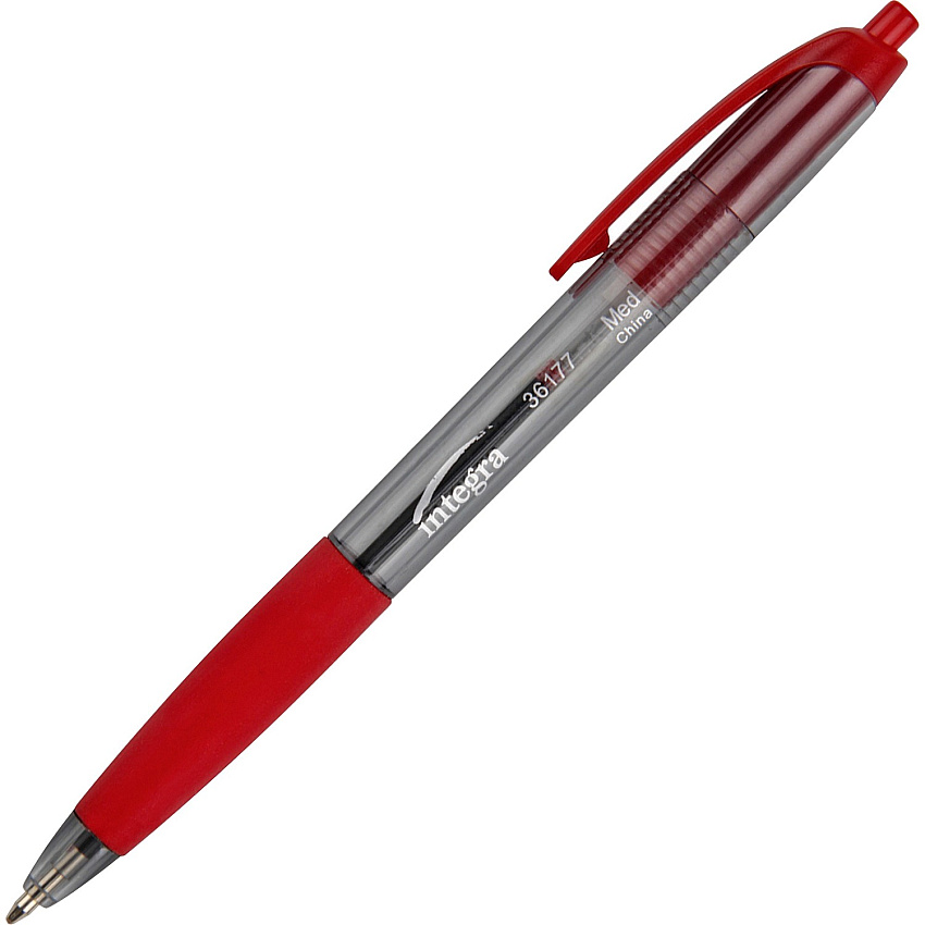 Integra Rubber Grip Retractable Pens 1 mm Medium Pen Point - Retractable - Red Ink - Red Barrel - 1 Dozen (36177)