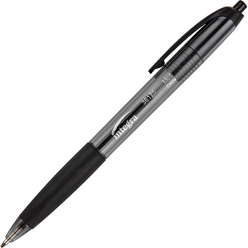 Integra Rubber Grip Retractable Pens 1 mm Medium Pen Point - Retractable - Black Ink - Black Barrel - 1 Dozen (36175)