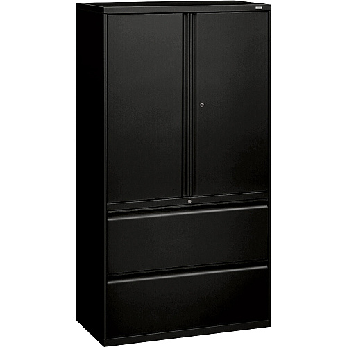 HON 800 Series Wide Lateral File with Storage Cabinet - 2-Drawer 36" Width x 18" Depth x 64.2" Height - 3 x Shelf(ves) - 2 x Drawer(s) for File - 2 x Side Open Door(s) - Legal, Letter - Lateral - Interlocking, Tamper Resistant, Locking Door, Ball (885LSP)