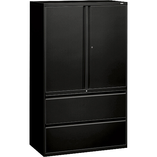 HON 800 Series Wide Lateral File with Storage Cabinet - 2-Drawer 42" Width x 18" Depth x 64.2" Height - 2 x Shelf(ves) - 2 x Drawer(s) for File - 2 x Side Open Door(s) - Legal, Letter - Lateral - Security Lock - Black - Steel - Recycled (895LSP)