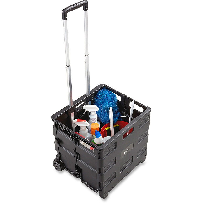 Safco Stow Away Folding Caddy Telescopic Handle - 50 lb Capacity - 2 Casters - 16.50" Width x 14.50" Depth x 39" Height - Black, Silver - 1 Each (4054BL)