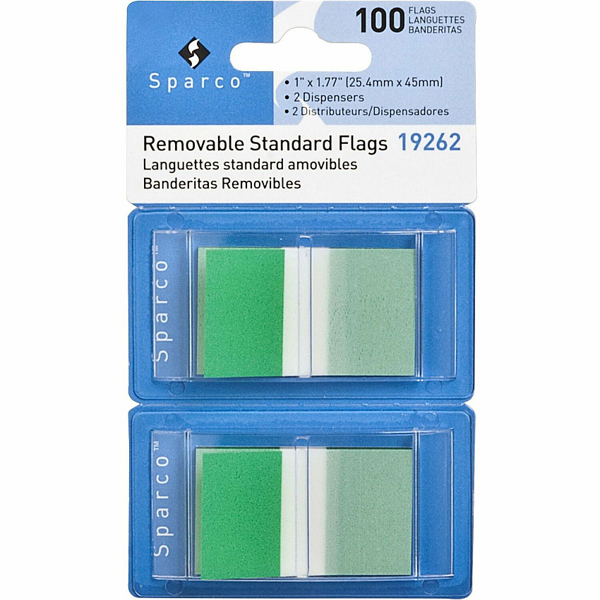Sparco Removable Standard Flags Dispenser 100 x Green - 1 3/4" Flag/Note Width x 1" Flag/Note Length - Rectangle - "Green - See-through, Self-adhesive, Removable - 100 Pack (19262)