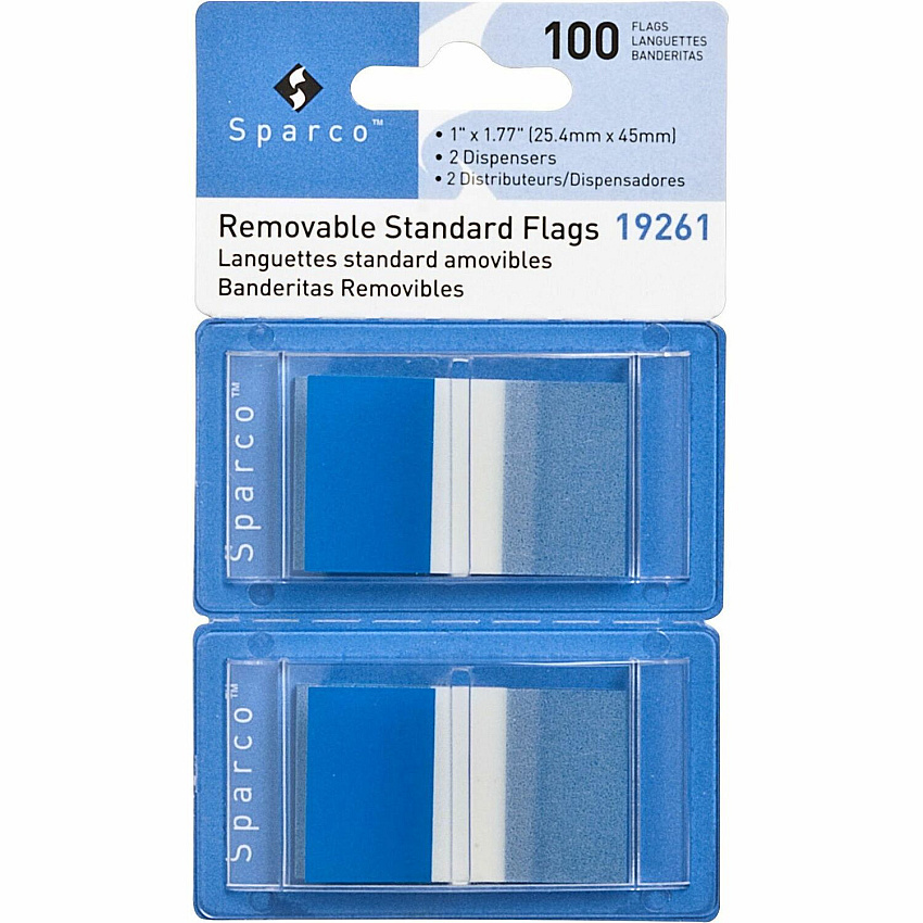 Sparco Removable Standard Flags in Dispenser 100 x Blue - 1 3/4" Flag/Note Width x 1" Flag/Note Length - Rectangle - Blue - See-through, Self-adhesive, Removable - Dispenser Included - 100 / Pack (19261)
