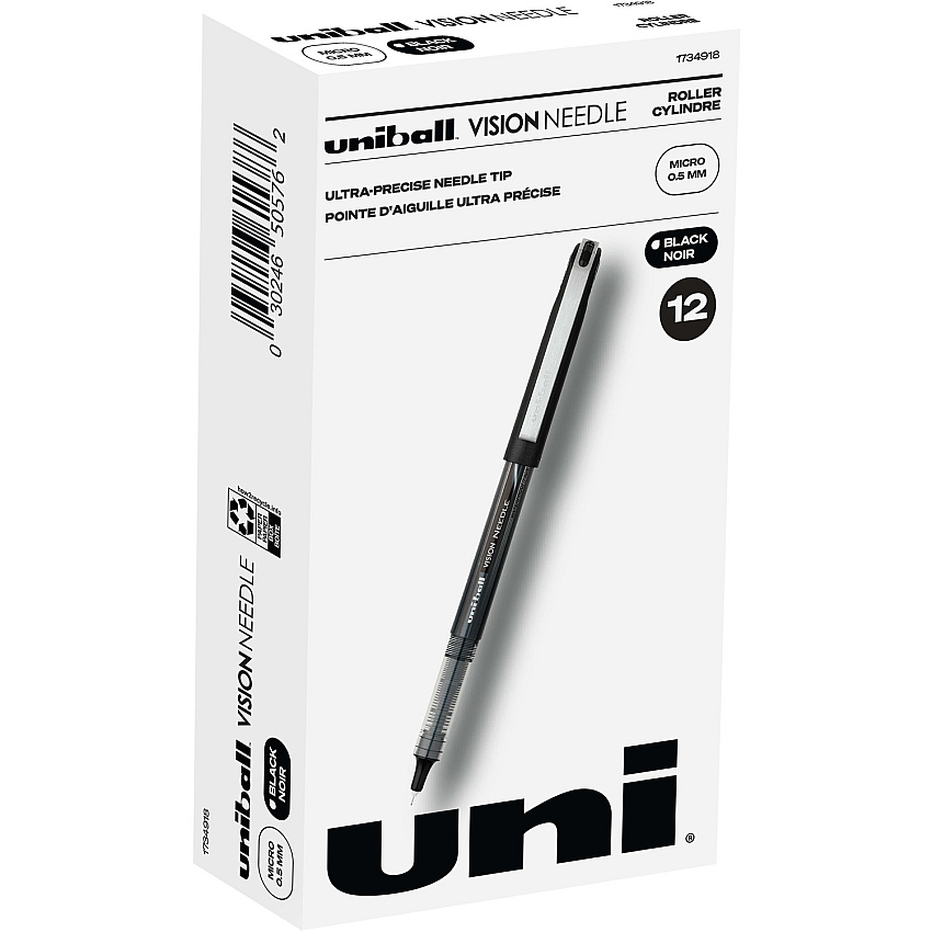 uni-ball uniball&trade; Vision Needle Rollerball Pens 0.5 mm Micro Pen Point - Black Ink - Liquid - 1 Dozen (1734918)