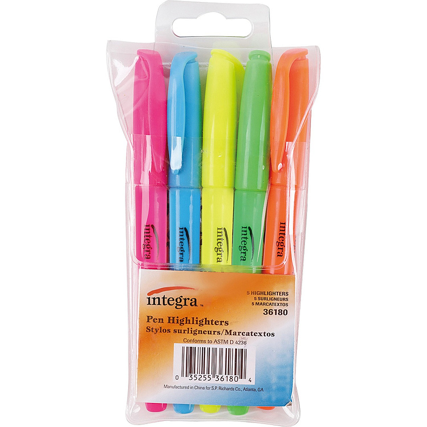 Integra Pen Style Fluorescent Highlighters Chisel Marker Point - Assorted Ink - 5 / Set (36180)