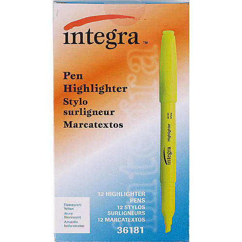 Integra Pen Style Fluorescent Highlighters Chisel Marker Point - Yellow Ink - 1 Dozen (36181)