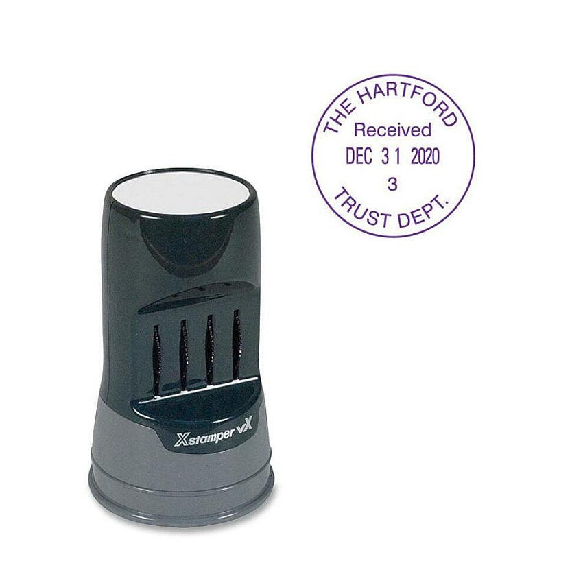 Xstamper VX Pre-inked Round Date Stamp Custom Message Stamp - REC'D, A.M., P.M., PAID, FAXED, ENT'D - 0.81" Impression Diameter - 1 Each (C85)