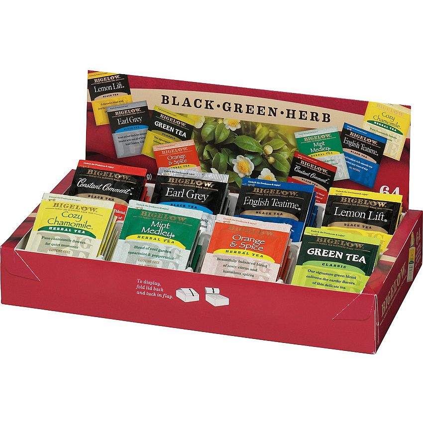 Bigelow Assorted Flavor Herbal Tea, Black Tea, Green Tea Bag Herbal Tea, Black Tea, Green Tea - 64 / Box (10568)