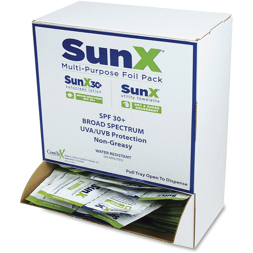 SunX CoreTex SPF30 Sunscreen Towelettes with Dispenser Lotion - Dispenser Box - Non-greasy, Water Resistant, Sweat Proof, Oil-free, PABA-free - 50/Dispenser Box - 1 Each (CTSS010661)