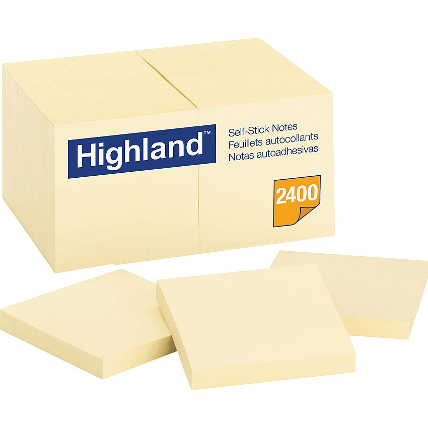 Highland Self-Sticking Notepads 2400 - 3" Flag/Note Width x 3" Flag/Note Length - Square - 100 Sheets per Pad - Unruled - Yellow - Paper - Removable - 24 / Pack (654924PK)