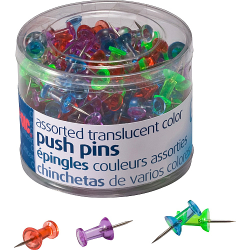 Officemate Translucent Push Pins 0.5" Length x 0.3" Diameter - Assorted - Steel - 200 / Pack (35710)