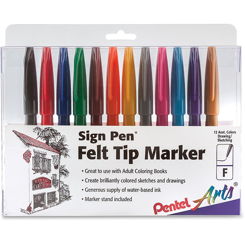 Pentel Arts Fiber-tipped Sign Pens Bold Pen Point - Assorted Water Based Ink - Black Barrel - Fiber Tip - 12 / Pack (S52012)