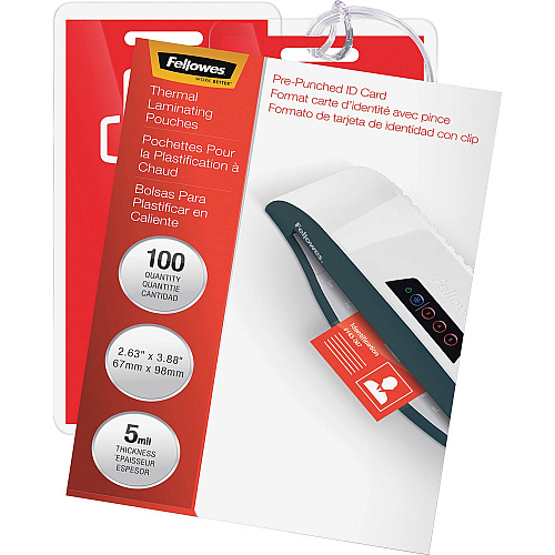 Fellowes Punched ID Card Glossy Thermal Laminating Pouches Laminating Pouch/Sheet Size: 3.88" Width x 5 mil Thickness - Glossy - for Document, ID Badge, ID Card - Durable, Pre-punched - Clear - 100 / Pack (52016)