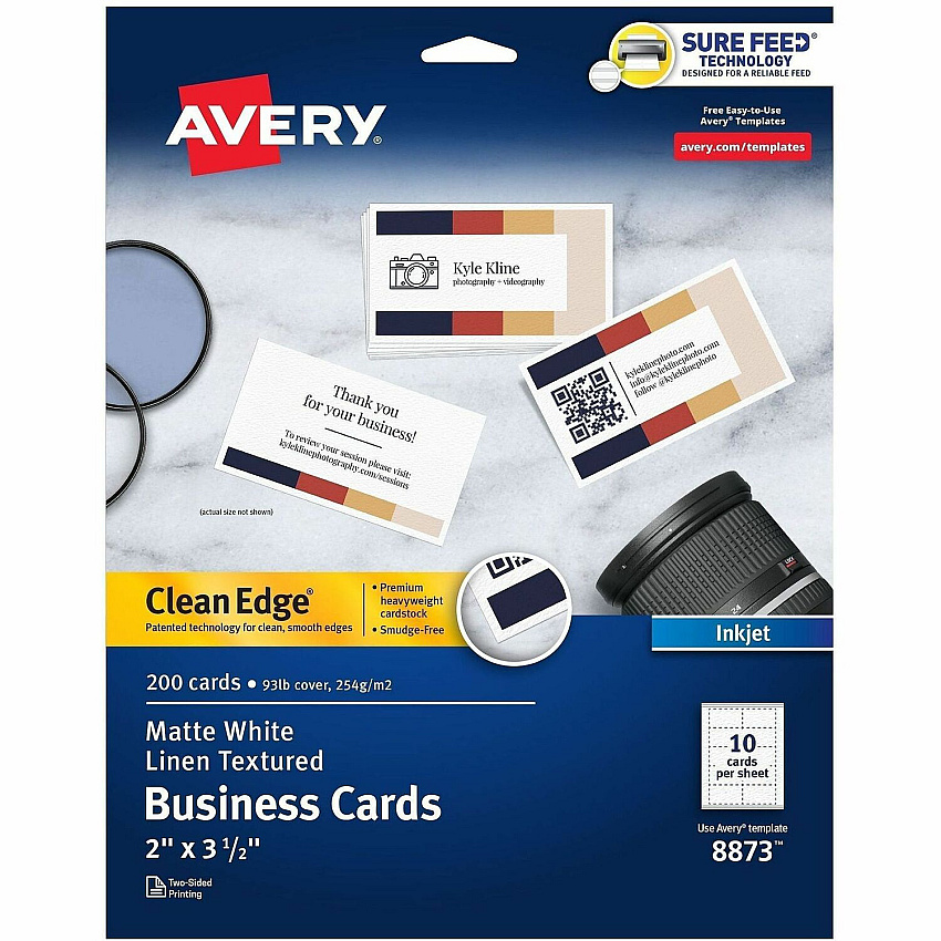 Avery&reg; Clean Edge Business Cards, White Textured, 200 110 Brightness - 2" x 3 1/2" - 93 lb Basis Weight - 254 g/m² Grammage - Matte - Double-sided - White - 1000 Sheets - 200/Pack - 5 / Carton (08873)