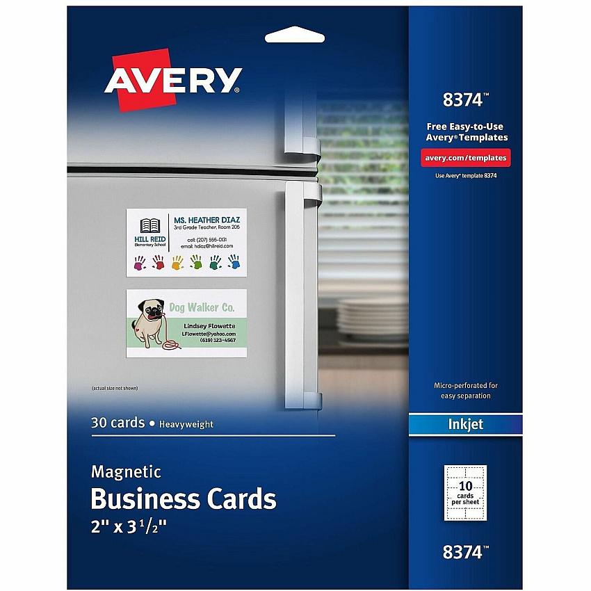 Avery&reg; Magnetic Business Cards, 2" x 3-1/2" , Matte White, 30 Cards (8374) 2" x 3 1/2" - 729 g/m² Grammage - Matte - Sturdy, Magnetic Coated, Perforated - White - 30/Pack - 1 Carton (08374)