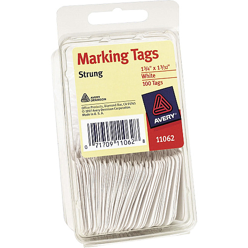 Avery&reg; White Marking Tags, Strung, 1-3/4" x 1-3/32" , 100 Tags 1.75" Length x 1.09" Width - Rectangular - String Fastener - Card Stock - White - 100/Pack - 1 Carton (11062)