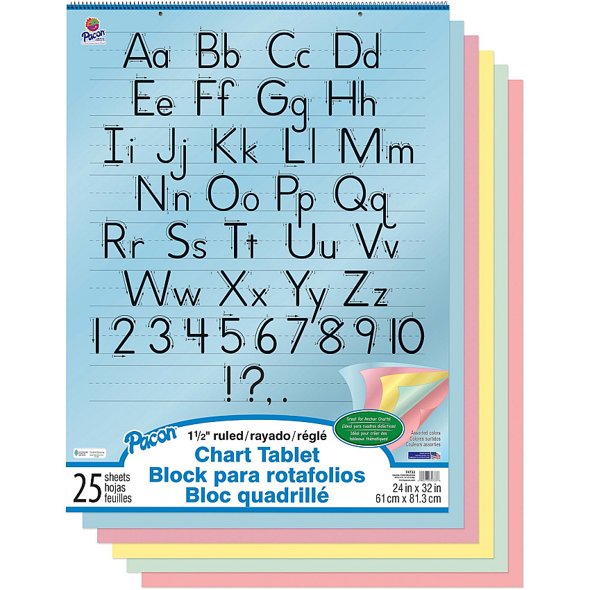 Pacon Colored Paper Chart Tablet 25 Sheets - 1.50" Ruled - 24" x 32" Sheet Size - 24" Height x 32" Width - Assorted Paper - Punched, Spiral Bound - 1 Each (74733)