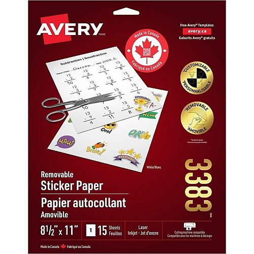 Avery&reg; Sticker Project Paper Letter - 8 1/2" x 11" - Matte - Printable, Repositionable, Acid-free, Lignin-free - Matte White - 1 Carton (03383)