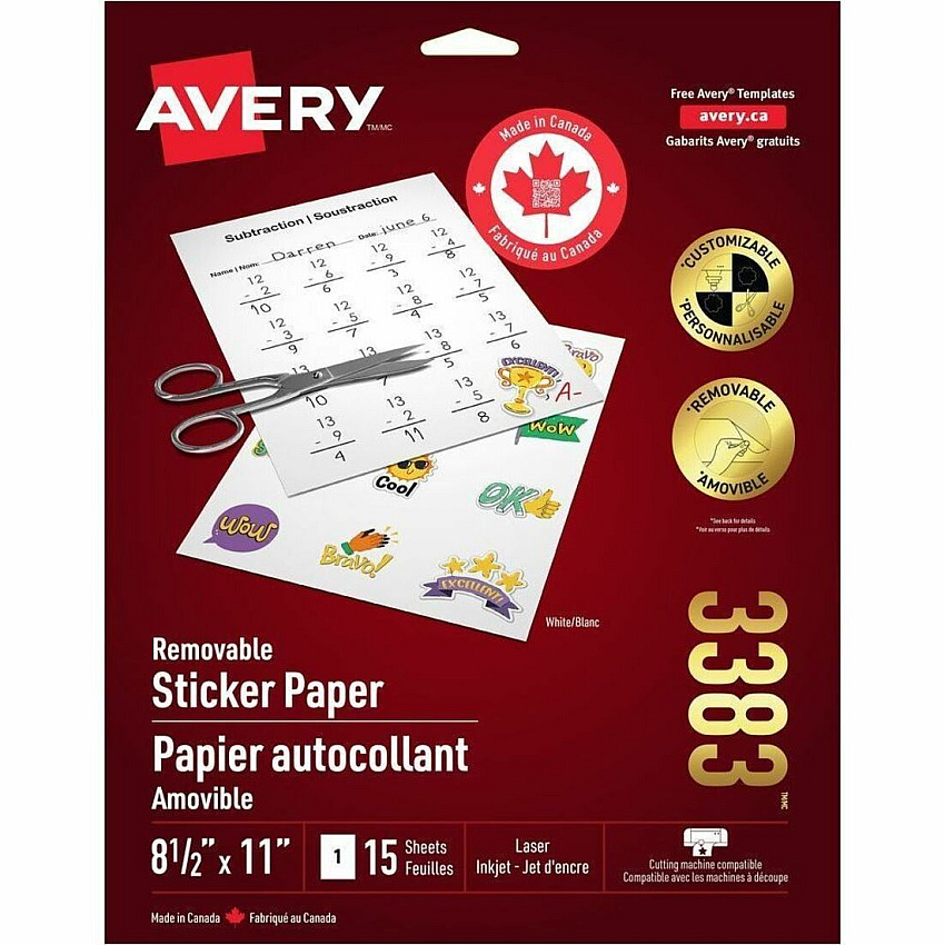 Avery&reg; Sticker Project Paper Letter - 8 1/2" x 11" - Matte - Printable, Repositionable, Acid-free, Lignin-free - Matte White - 1 Carton (03383)