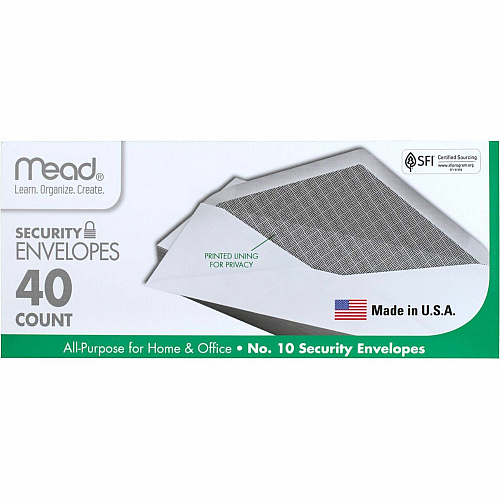 Mead No. 10 Security Envelopes Business - #10 - 9 1/2" Width x 4 1/8" Length - 20 lb - Gummed - White - Wove - 40 / Box (75214)