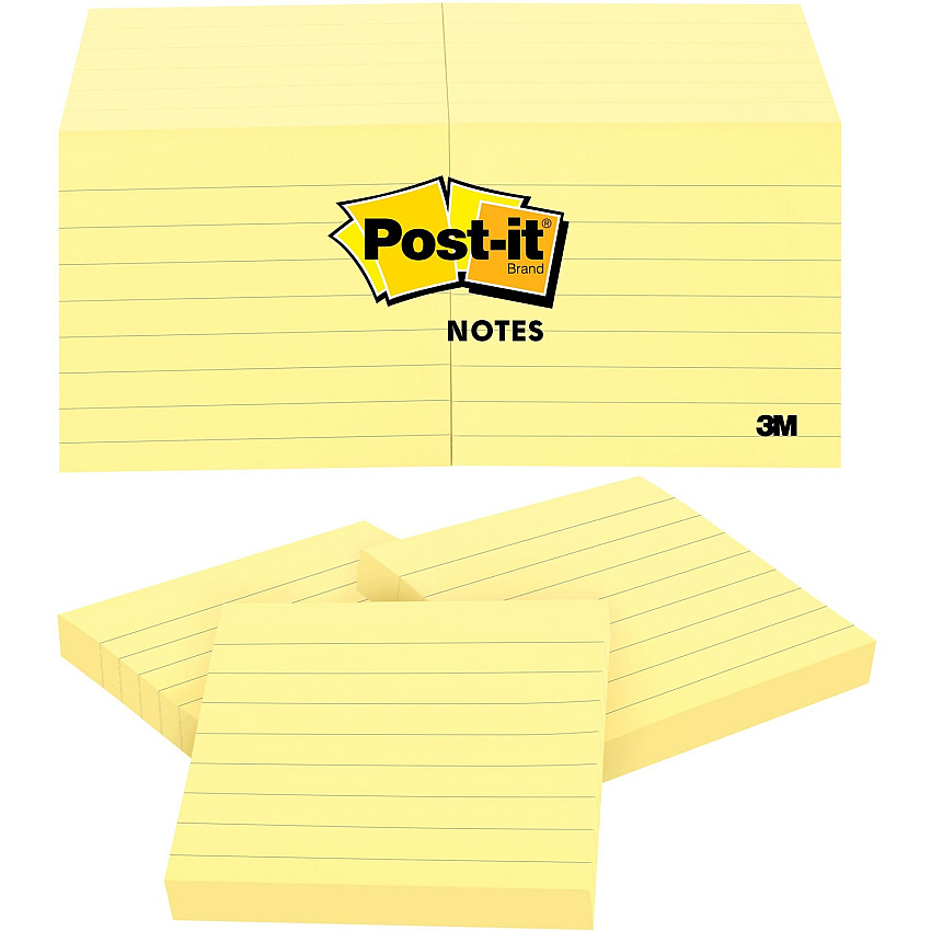 Post-it&reg; Notes Original Lined Notepads 1200 - 3" Flag/Note Width x 3" Flag/Note Length - Square - 100 Sheets per Pad - Ruled - Yellow - Paper - Removable - 12 / Pack (630SS)