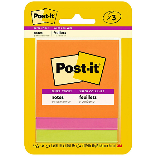 Post-it&reg; Super Sticky Note Pads - Energy Boost Color Collection 135 - 3" Flag/Note Width x 3" Flag/Note Length - Square - 45 Sheets per Pad - Unruled - Vital Orange, Tropical Pink, Limeade - Paper - Self-adhesive - 3 / Pack (3321SSAU)